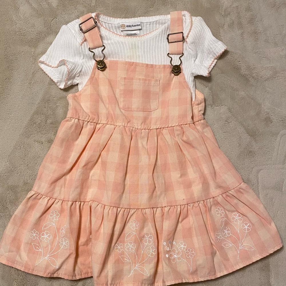 Daisy Fuentes Peach Plaid Pinafore with White Ribbed Tee